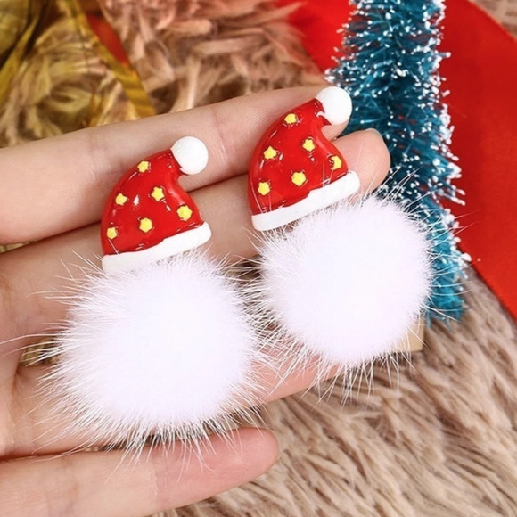 Santa Claus White Fur Drop Earrings 1-CC-06 - Picture 3 of 4